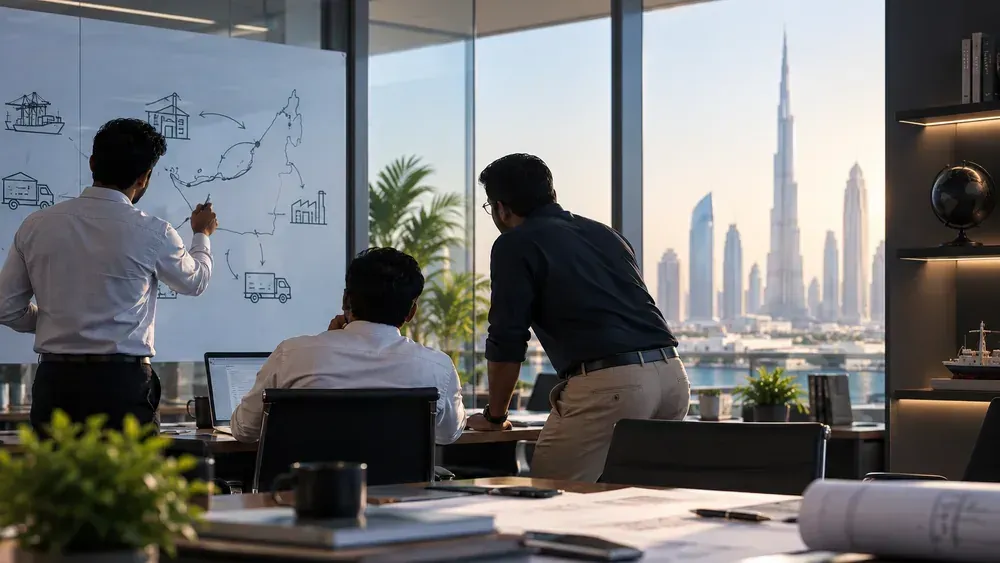 Bulkliner Group team mapping supply routes on a whiteboard at the Dubai head office, with the city skyline behind them